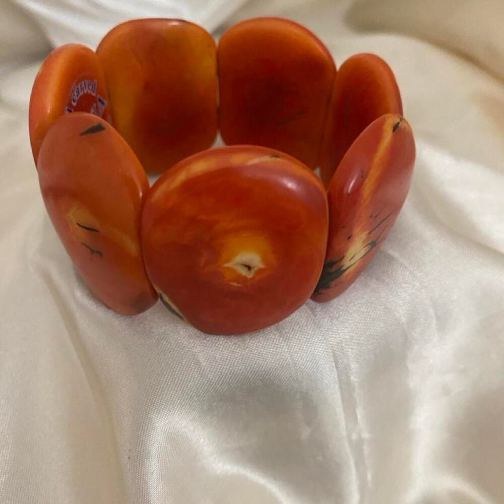 Hand Carved Tagua Nut Bracelet Ecuador Orange Vegetable Ivory Chunky Stretch